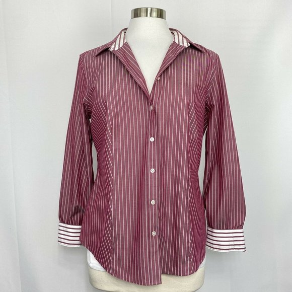 Talbots Tops - Talbots Womens 12 L Top Shirt Wrinkle Resistant Mauve White Striped Flip Cuff#AA